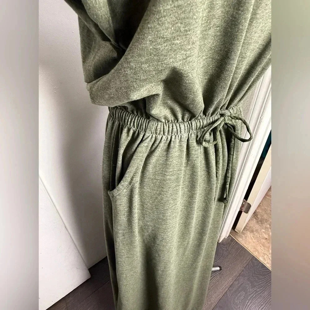 Womens OLIVE GREEN HEATHERED MAXI DRESS Side Slits POCKETS Elastic Waist - Picture 7 of 11
